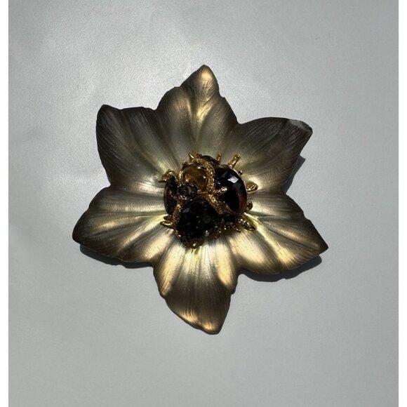 ALEXIS BITTAR Large Glowing Lucite Flower Brooch Signed Crystal Floral Brown - Picture 3 of 11